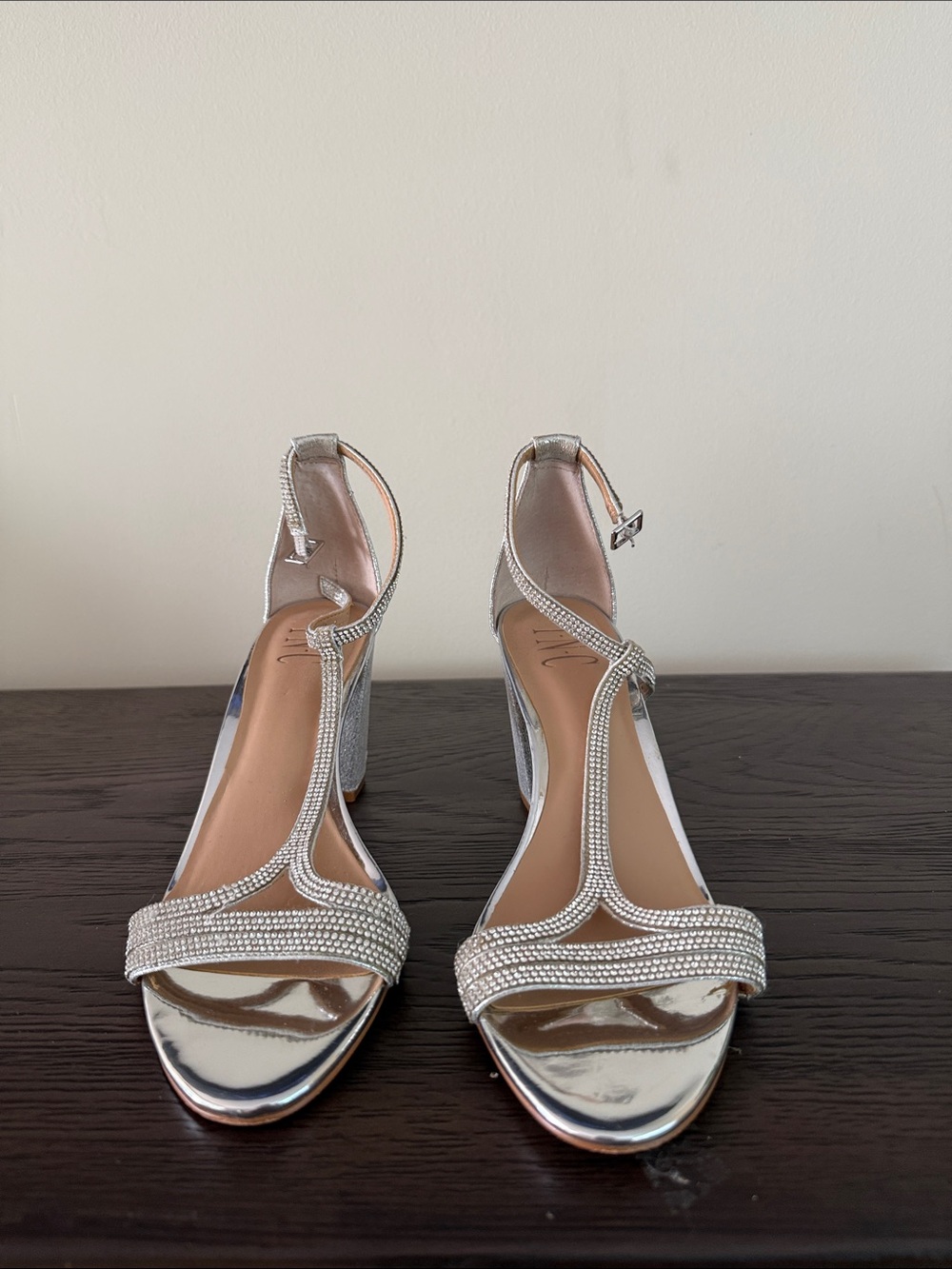 INC International Concepts Silver Rhinestone T-Strap Block Heels